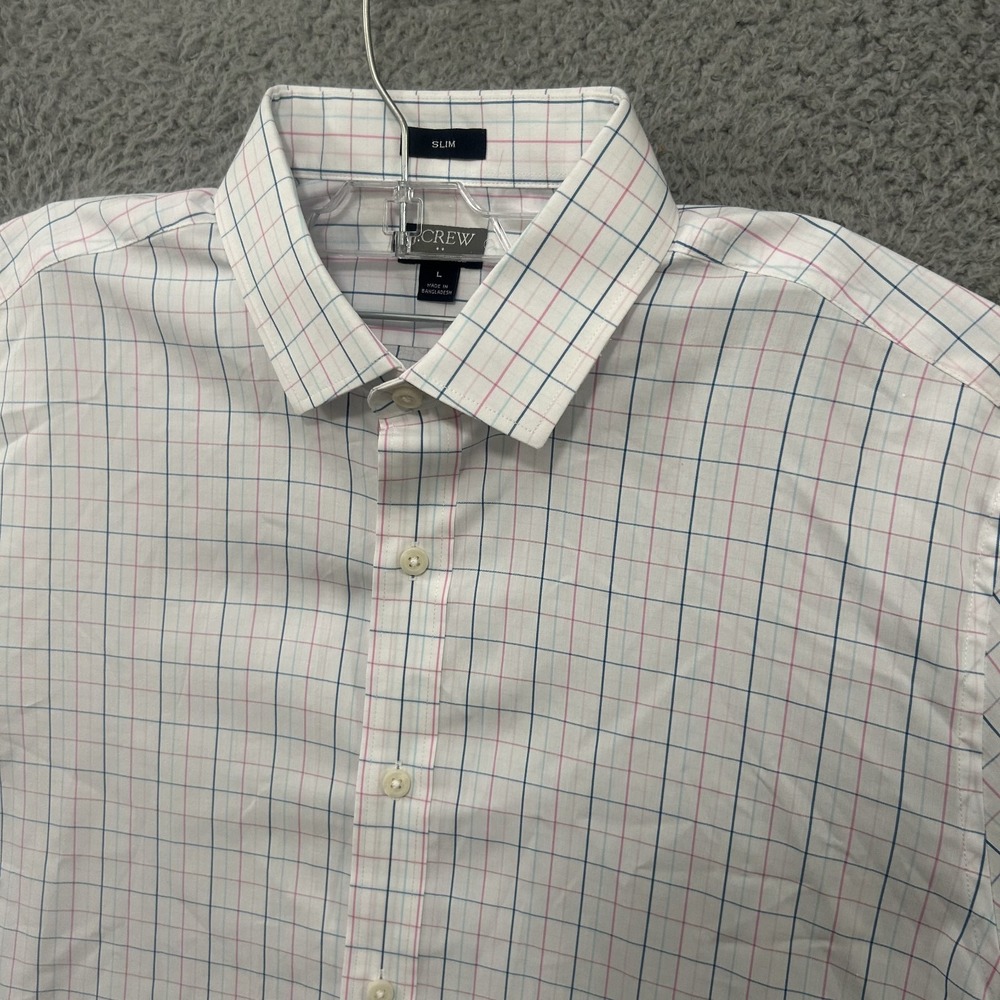J Crew Shirt Mens Large White Blue Pink Check Performance Button‎ Up Slim Fit